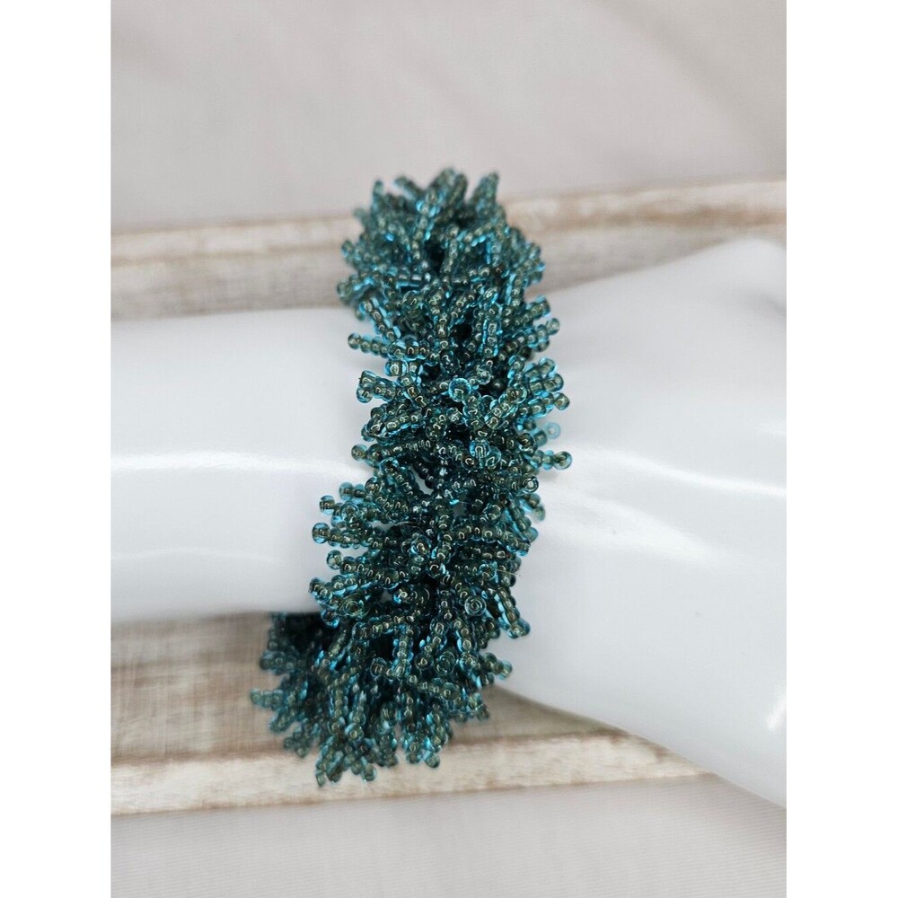Vintage Artisan Teal Glass Seed Bead Loop Cluster Fringe Bracelet 8"